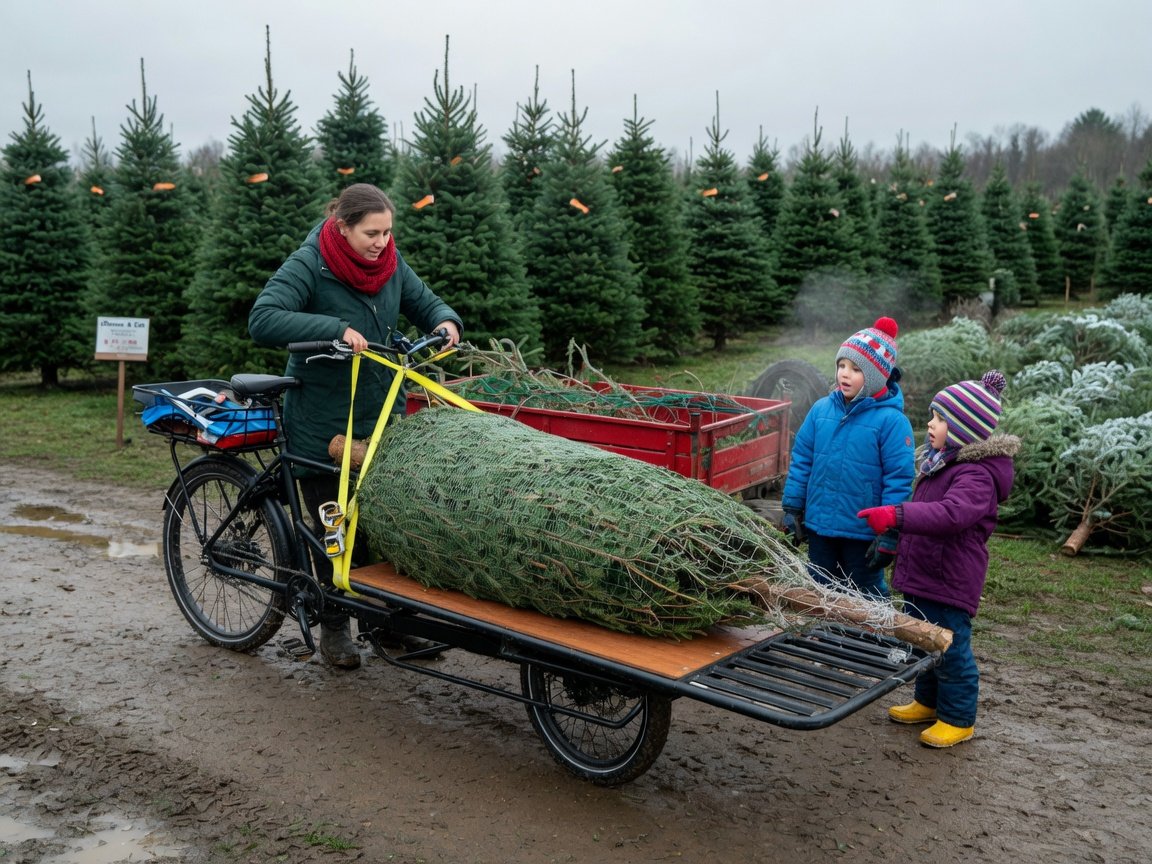 Step-by-step loading of a Christmas tree onto a cargo bike at a tree farm, parent securing ratchet straps