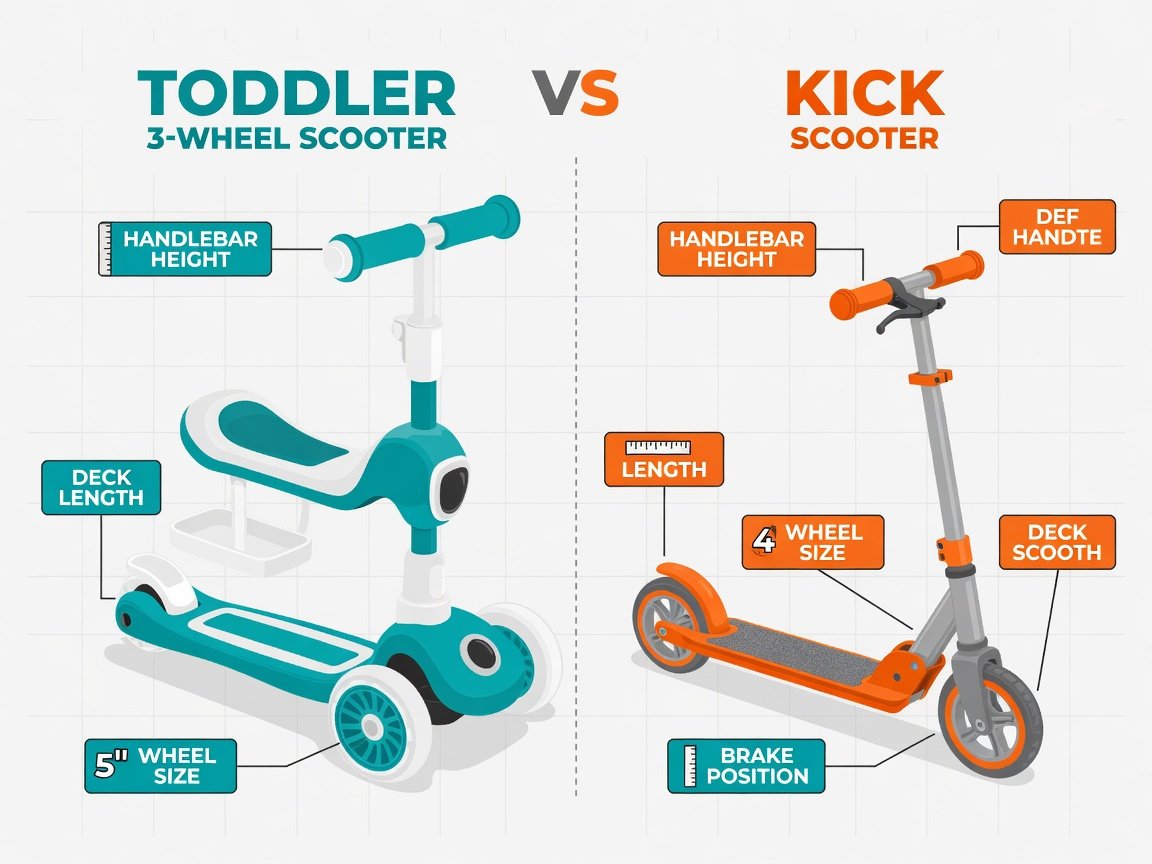 Side-by-side comparison illustration of a three-wheel toddler scooter and a two-wheel kick scooter