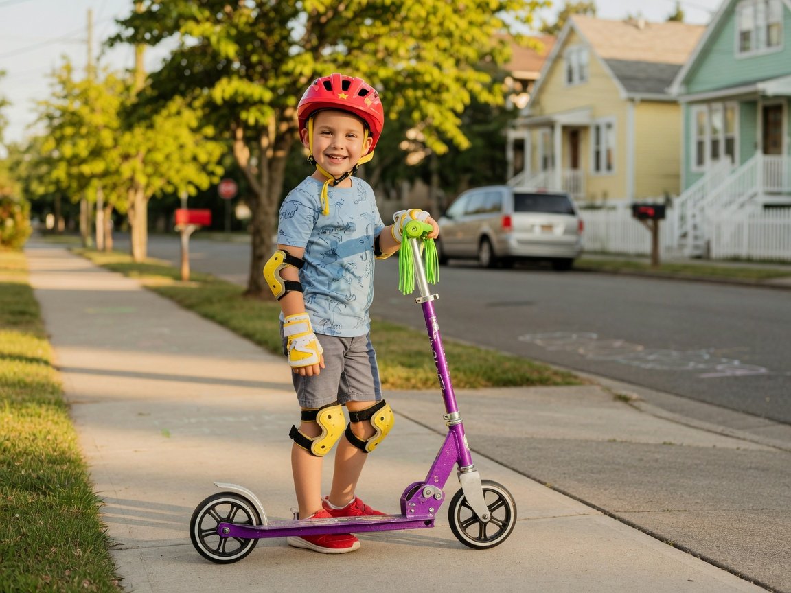 Child in full safety gear standing beside a two-wheel kick scooter ready for a first ride